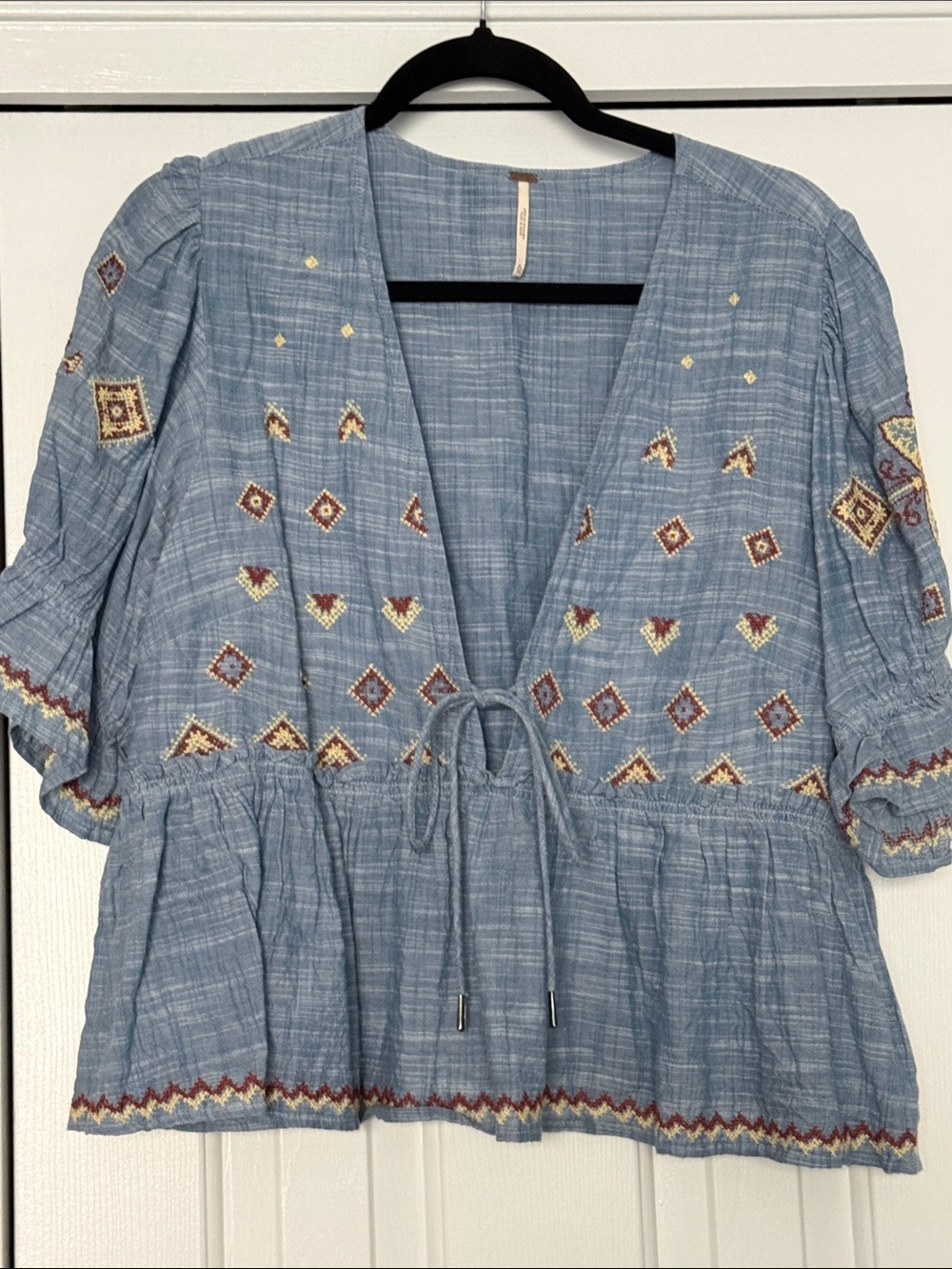 Free People Light Blue Embroidered Peplum Tie-Front Tunic